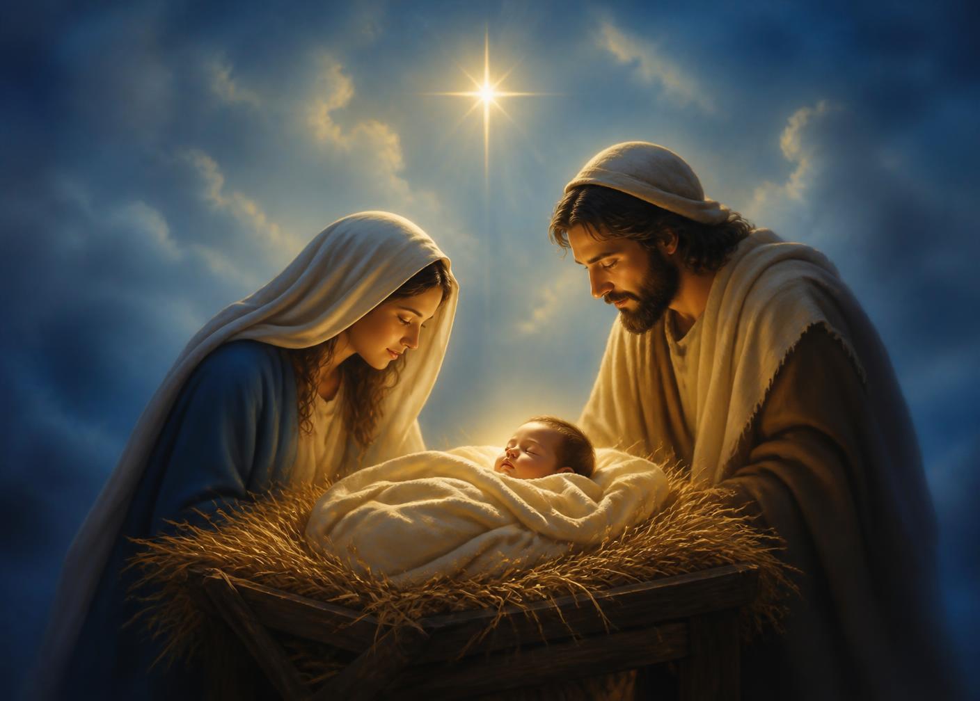 Pesebre sencillo con el Niño Jesús bajo una estrella luminosa