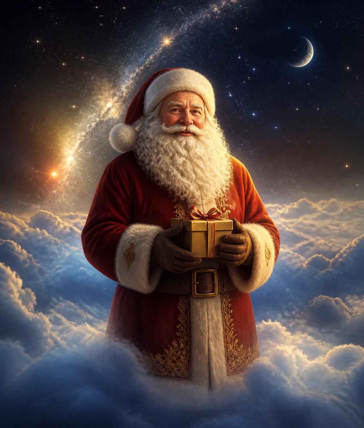 Papá Noel de expresión bondadosa sosteniendo un regalo sobre un mar de nubes