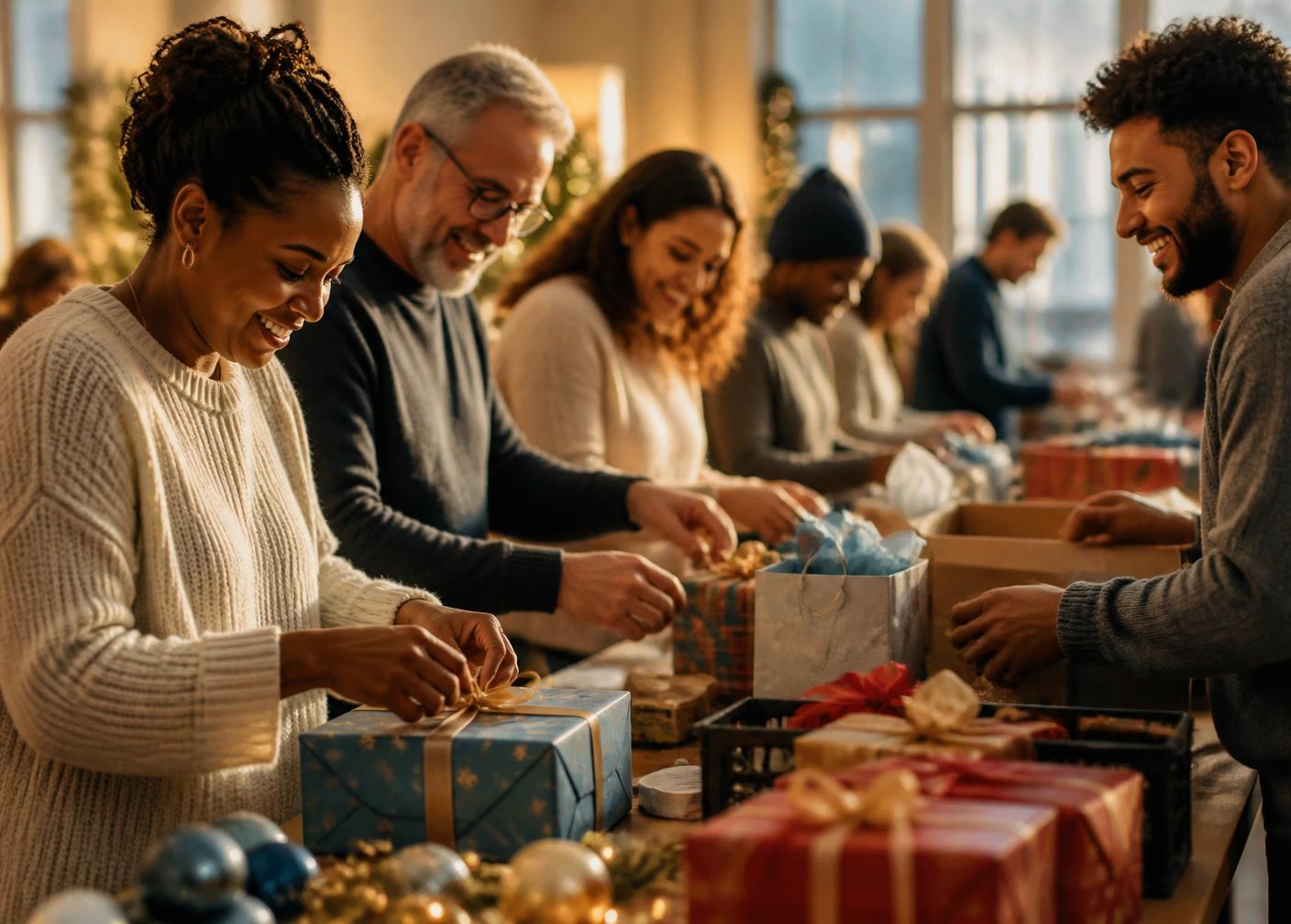 Voluntarios sonrientes preparando y envolviendo regalos de Navidad juntos